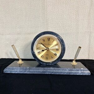 Reflections Marble Desk Clock Pen Holder Gold Tone Quartz Executive Office Decor
